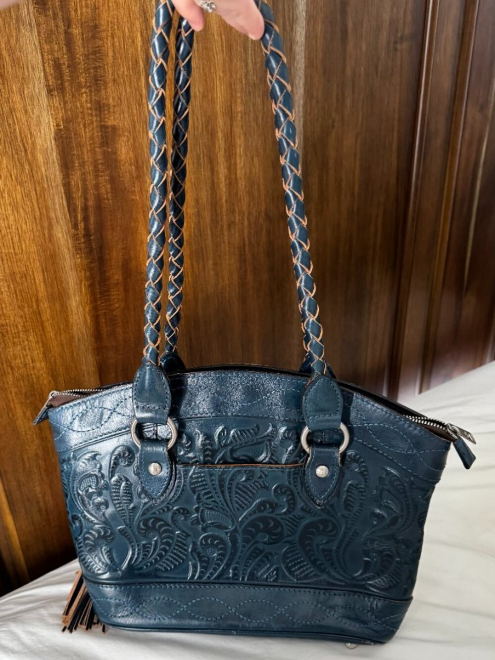 Patricia Nash Indigo Blue Embossed Leather Zorita Shoulder Bag - Picture 3 of 9